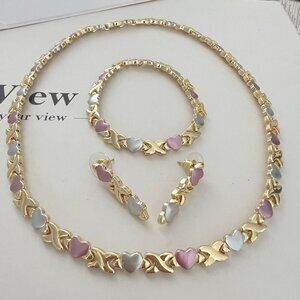 18K Gold Plated Tri Color X Heart necklace Set Womens Jewelry Chunky Retro Inspo